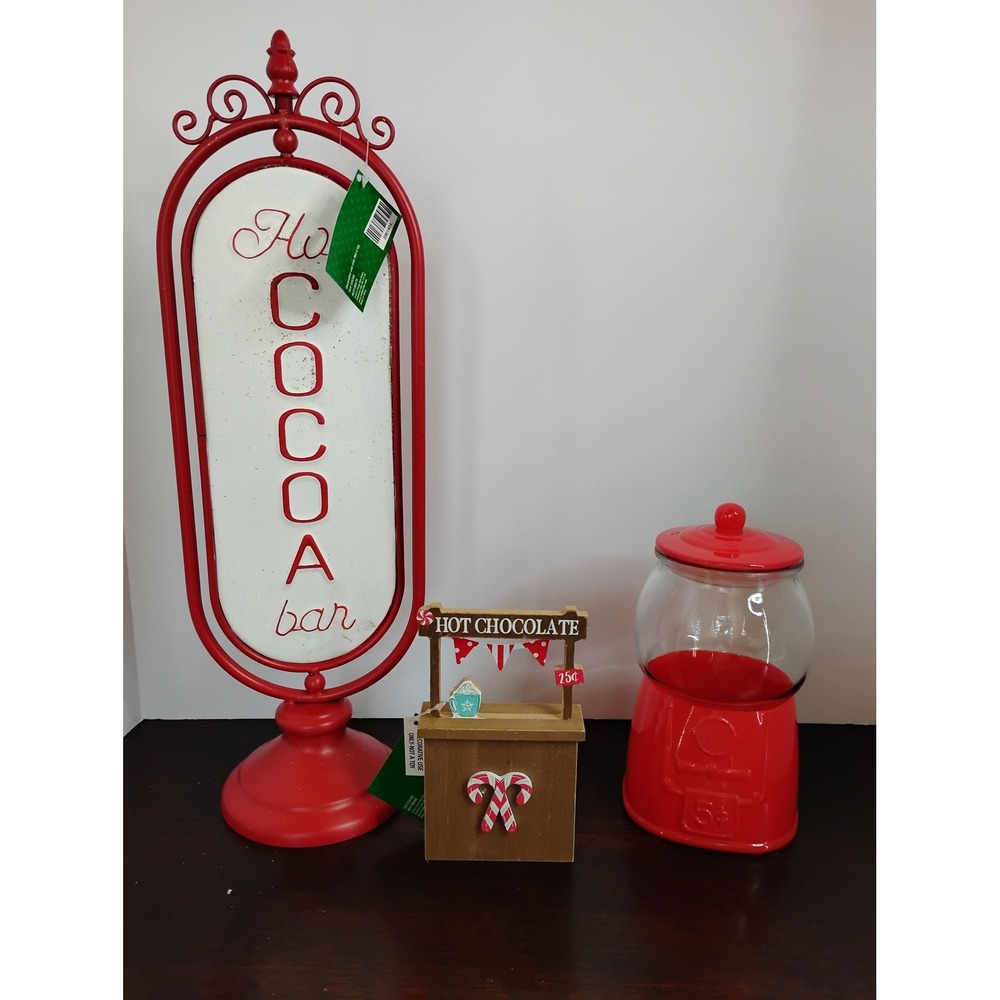 Sleigh Bell Bistro Hot Cocoa Bar Decor Set Sign Cookie Jar Miniature Stand 3pc